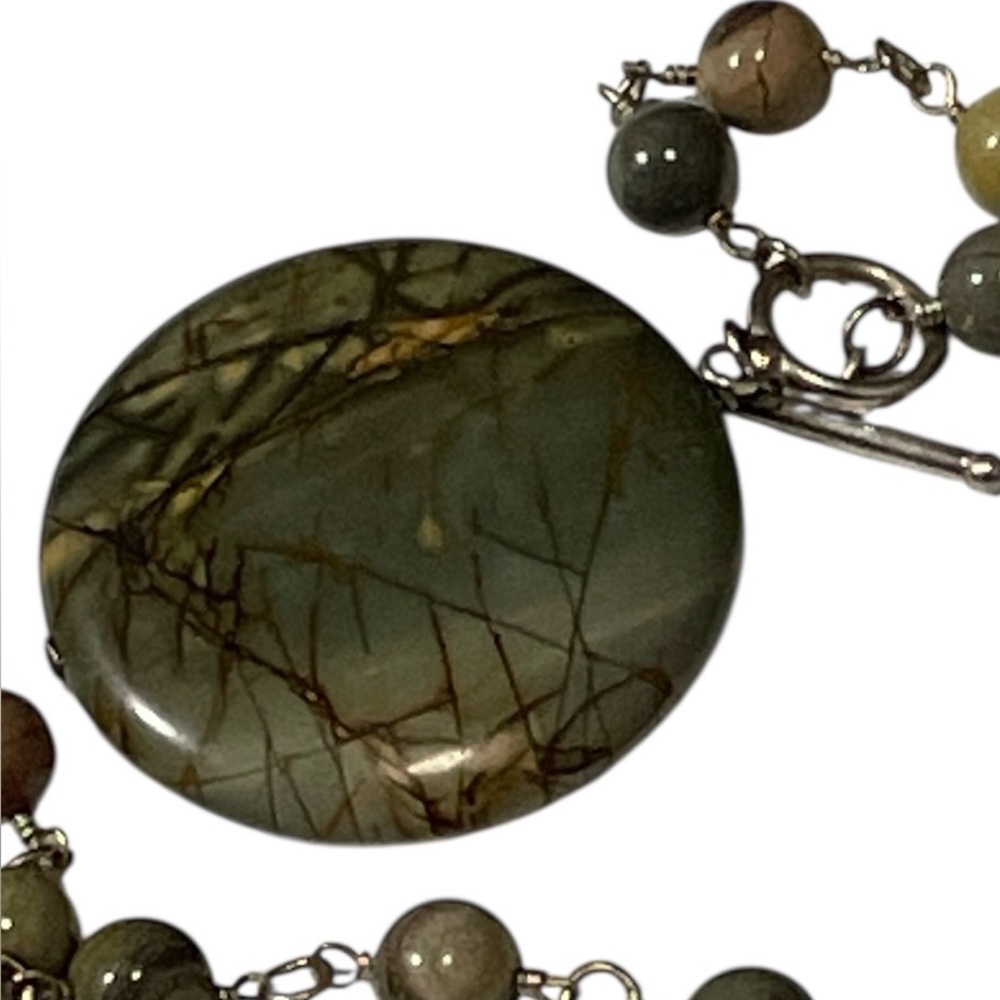 Modernist Necklace Gray & Green Picasso Jasper Agate Stone Bead Pendant Necklace